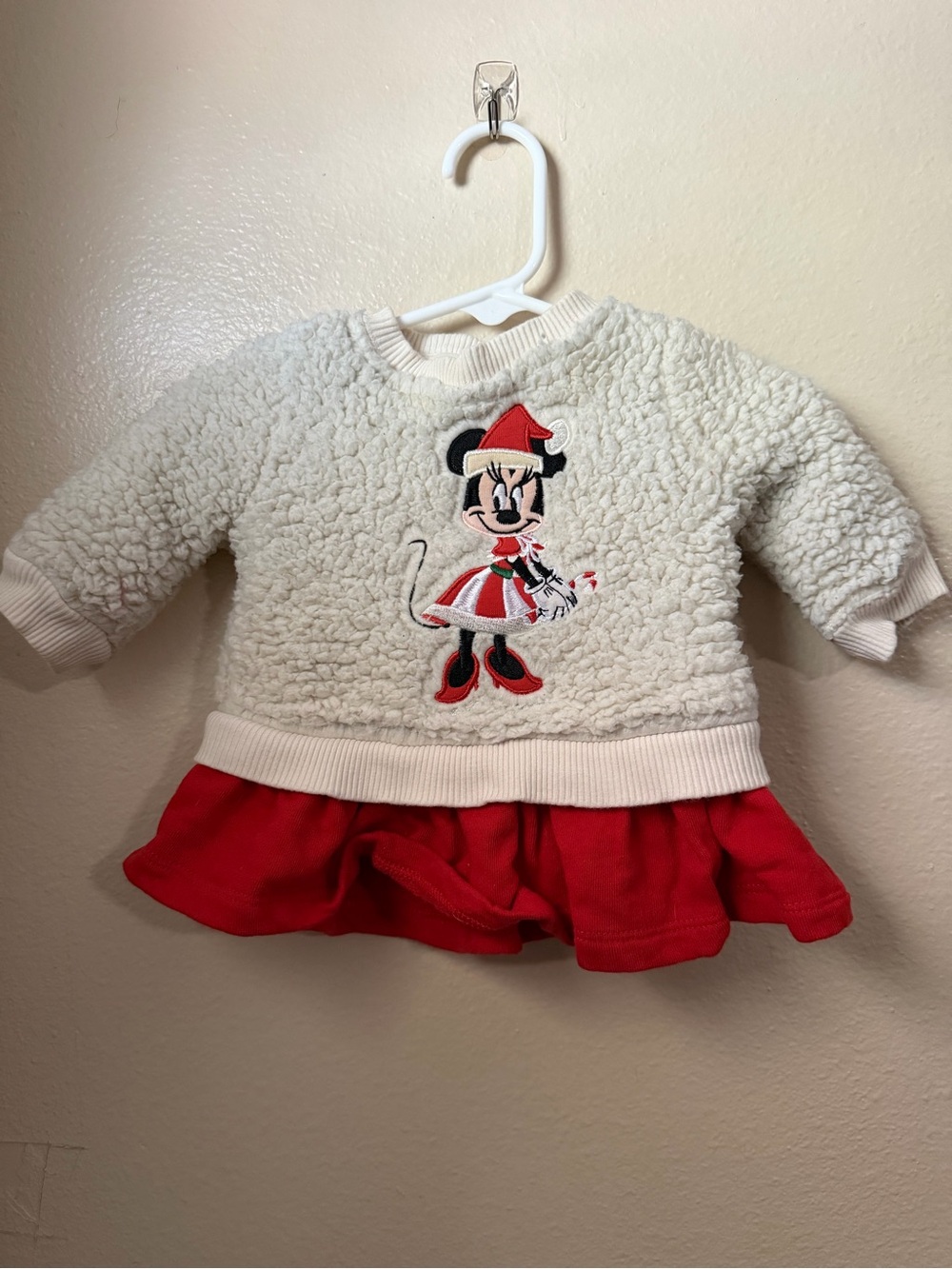 Kids Holiday Minnie Mouse Sherpa Dress Top in Cream & Red